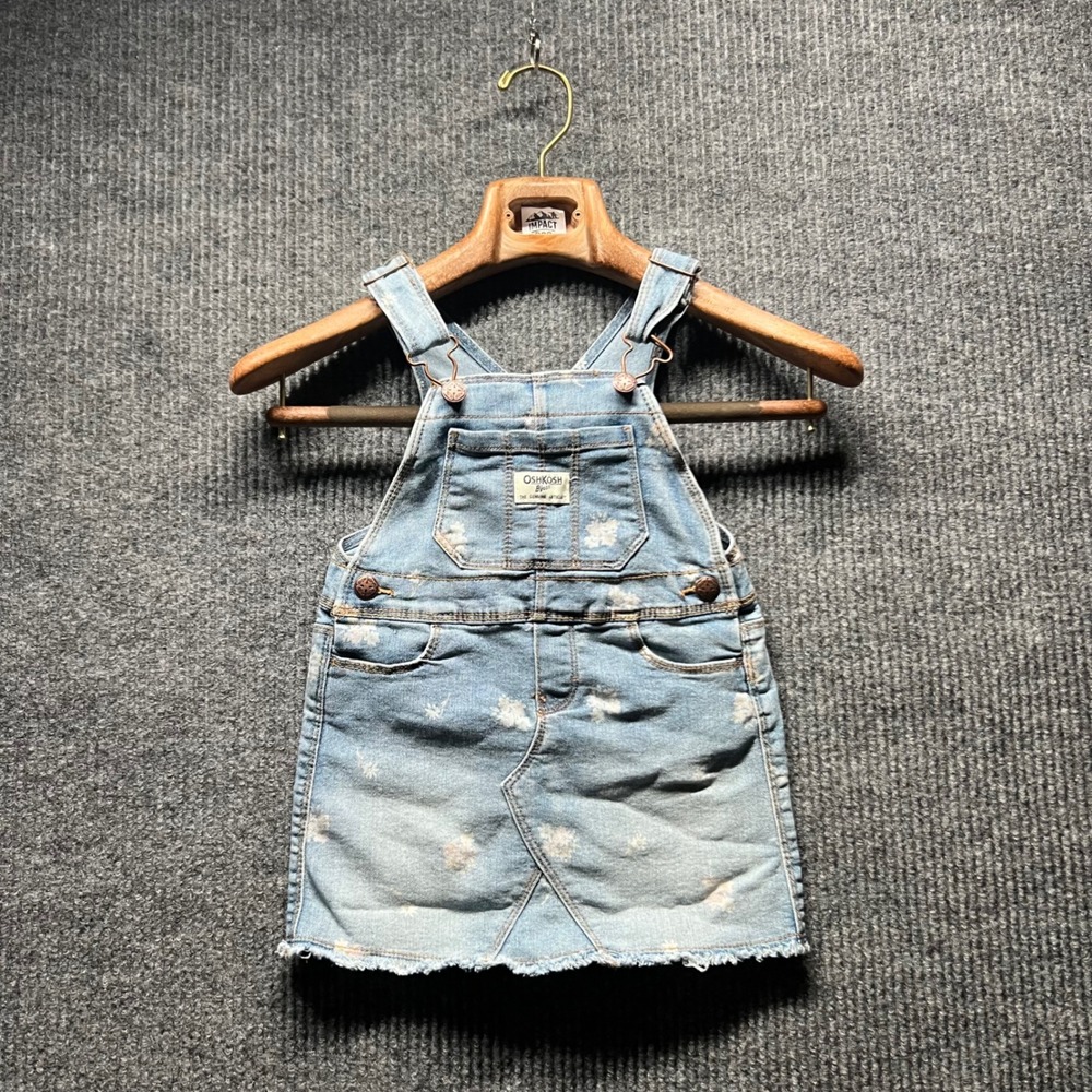 OshKosh Bgosh Denim Overall Dress Toddler 3T Blue Floral Print Bib Jumper Skirt